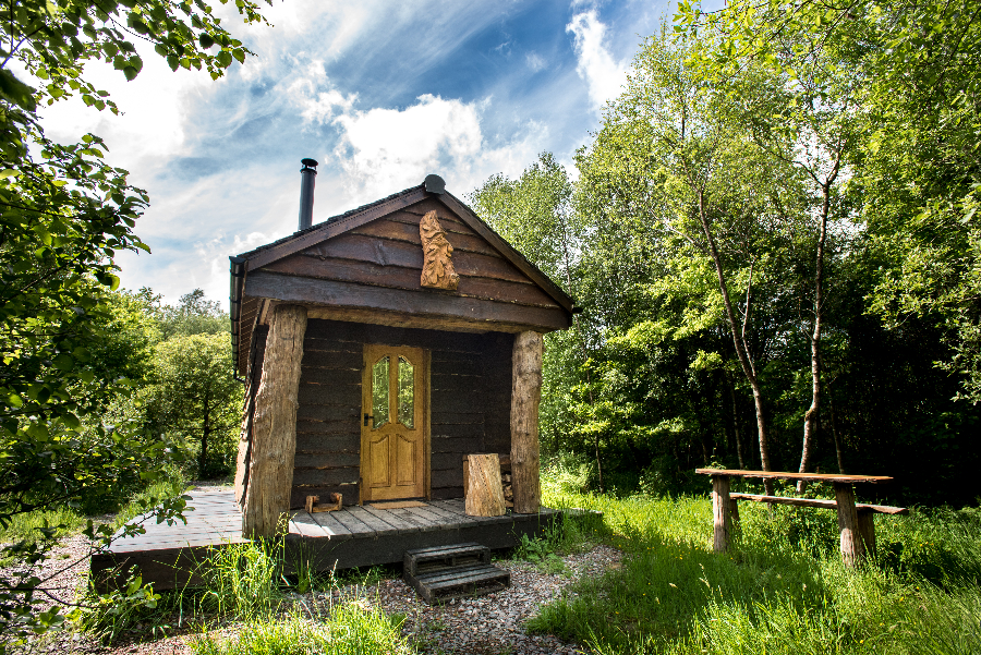 Exterior of off grid cabin in woodland setting
