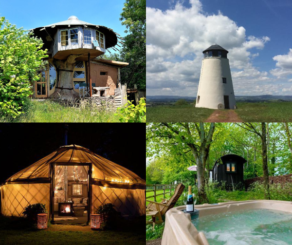 Collage of treehouse, windmill, yurt and shepherds hut with hot tub