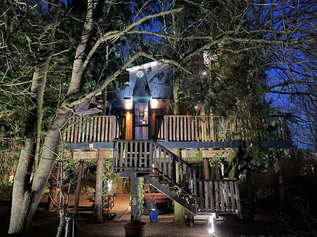 Trunkquillity Treehouse lit up at night