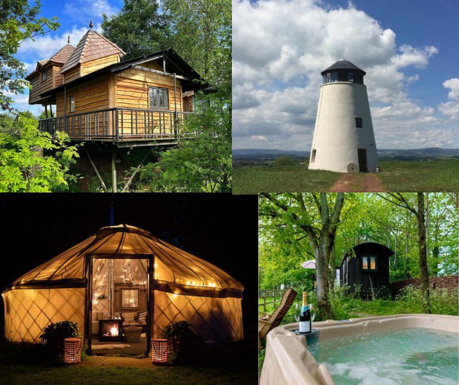 Collage of treehouse, windmill, yurt and shepherds hut with hot tub