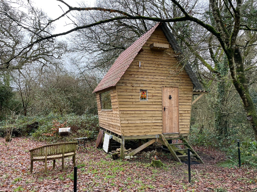 Exterior of a unique cabin with birds of prey experience, in a woodland setting